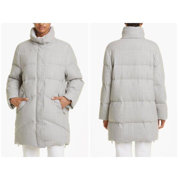 Eleventy Women's Grey Pinstripe Wool Stretch Flannel Puffer Coat Size Large - Picture 1 of 10